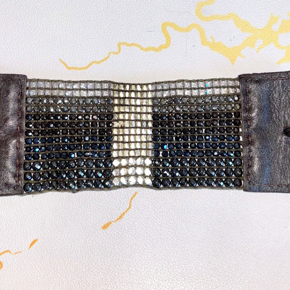 Handmade in Turkey Leather and crystal and silver bead cuff bracelet